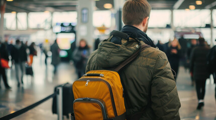 Traveler with a yellow backpack navigating through a busy airport terminal filled with people. Captures travel and adventure atmosphere.