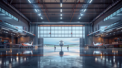 A well-lit aircraft hangar with multiple small planes, reflecting off the polished floor under an expansive skylight.