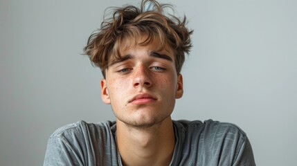 Fototapeta premium Portrait of a young man with freckles and light brown hair looking at the camera with a tired expression on his face