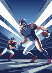 football player with ball Super bowl players versus. American football player. Sportsman with ball in helmet on stadium in action. Sport and motivation