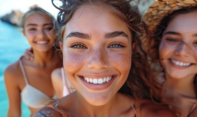 Happy young friends, including multiracial individuals, hang out on a sunny day, taking a selfie while smiling at the camera, embracing friendship.