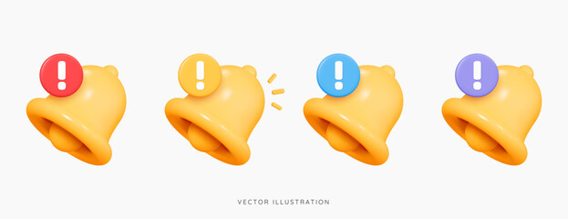 3D Bell with red danger alert notification. New important message. Urgent online call. Attention sign. Social media reminder. Cartoon design icon set isolated on white. 3D Vector illustration