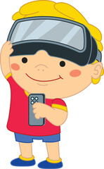 Smiling boy enjoying a vr experience, holding a controller and wearing a virtual reality headset