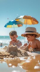Two kids building sandcastles on a sunny beach with colorful umbrellas. Perfect summer day by the sea with fun and play. © punniix
