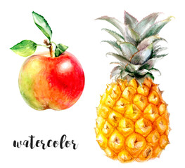 Watercolor fruits illustration with apple, pineapple, vibrant details, and creative design