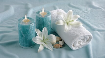 Spa setting blue candles white lilies rolled towel seashells relaxation wellness self-care