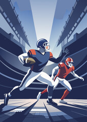 Fototapeta premium football player with ball Super bowl players versus. American football player. Sportsman with ball in helmet on stadium in action. Sport and motivation