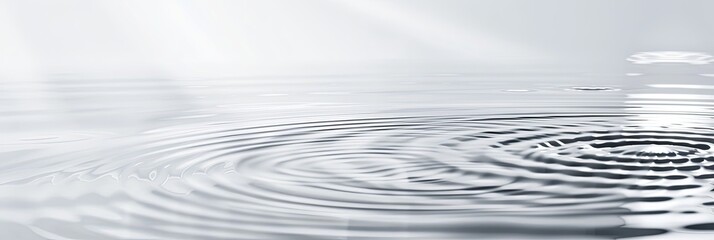 Top view of circular ripples on a transparent and clean water surface with a white background. The water texture shows clear focus on the edges of the circles, with soft natural light reflections. 