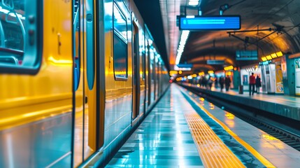 A contemporary subway platform bathed in warm lighting, showcasing a polished, clean environment with vibrant yellow accents, epitomizing urban life and travel.
