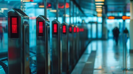 A row of advanced turnstiles with red indicator lights at the entrance of a brightly lit modern subway station, capturing the essence of urban transit infrastructure.