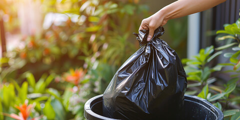 A hand putting a black garbage bag in a trash bin in the garden of a home