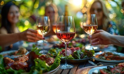 Happy friends clink red wine glasses at a garden dinner party, enjoying food and drinks on a restaurant patio, creating a vibrant lifestyle concept with outdoor dining.