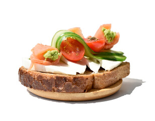 Close-up sandwich with salmon fish, tomato, cucumber, cheese on white background, 
