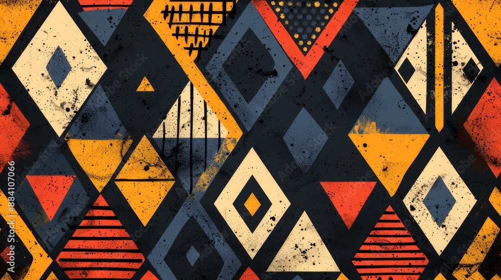 Poster colorful geometric shapes and triangles forming a seamless pattern with a distressed texture.