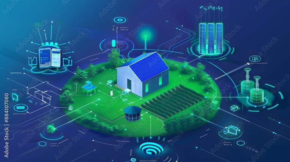 Poster a smart home hub displaying data from various smart farming devices and sensors