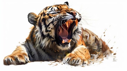 Obraz premium An artistic depiction of a tiger with its mouth open wide, roaring fiercely. The image captures the power, strength, and wild nature of the majestic tiger.