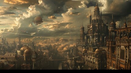 This image illustrates a steampunk cityscape under a dramatic sky, showcasing intricate architectural designs, airships, and vintage vibe, exuding a sense of adventure and nostalgia.