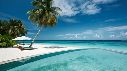 Fototapeta premium Idyllic tropical beach with turquoise waters, white sand, and lush palm trees, creating a relaxing and exotic atmosphere. 