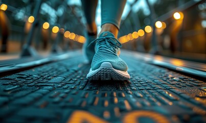 The person fastens his shoe before starting to run on the treadmill.