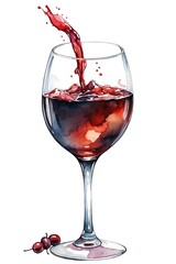 Watercolor painted a glass of cabernet wine isolated on clear white background.