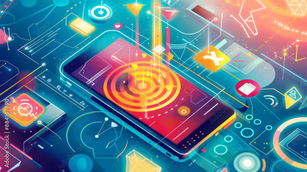 Poster abstract background. a modern smartphone is located on a technological matrix surrounded by symbols 