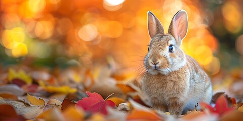 A rabbit sits in a bed of autumn leaves
