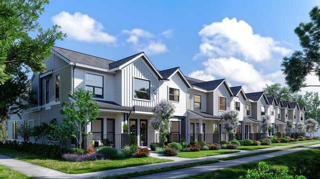 A picturesque scene showcases a row of suburban row homes with lush green gardens, clear skies, and inviting front porches, perfect for real estate and lifestyle imagery.