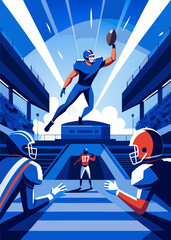 football player with ball Super bowl players versus. American football player. Sportsman with ball in helmet on stadium in action. Sport and motivation