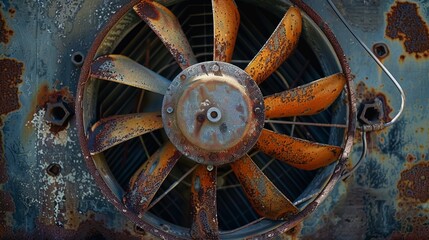 Close-up shot of a rusted industrial fan highlighting the intricate blades covered in rust, showcasing the effects of time and weather on metal objects.