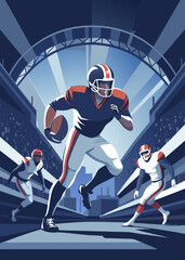 football player with ball Super bowl players versus. American football player. Sportsman with ball in helmet on stadium in action. Sport and motivation