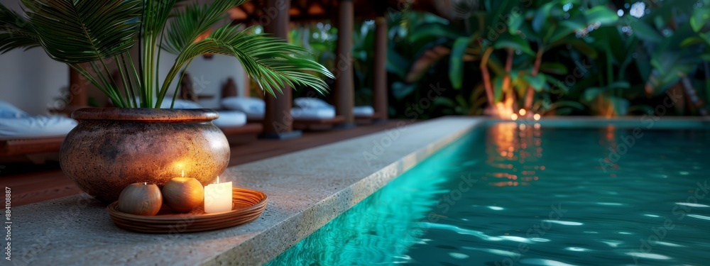 Sticker  A candle atop a pool's edge, near a potted plant Two candles positioned in front