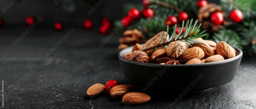 Poster  A black table holds a black bowl filled with almonds Nearby, a pine branch displays red berries