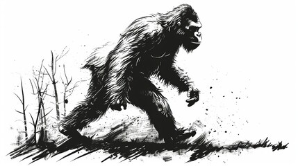 Fototapeta premium A Bigfoot-like creature is depicted walking through a sparse forest in a detailed monochrome style, highlighting its large, hairy figure and the surrounding barren trees.