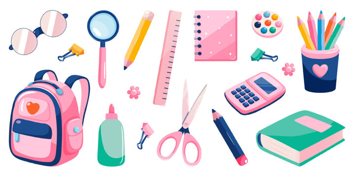 School stationery and art supplies set isolated on white. School cartoon icons collection. Back to School concept. Vector illustration.