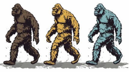 A series of three Bigfoot creatures in different colors (brown, gold, blue) walking side-by-side is creatively illustrated, showcasing diversity and imagination.