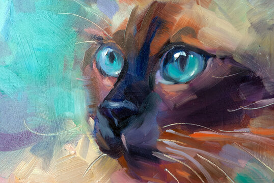 Dipinto a olio artistico di un gatto siamese con intensi occhi azzurri cristallini e pennellate dinamiche nei toni del turchese marrone e ocra