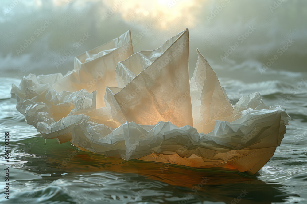 Poster animation of a paper boat moving through a textured paper background, with the texture disintegratin