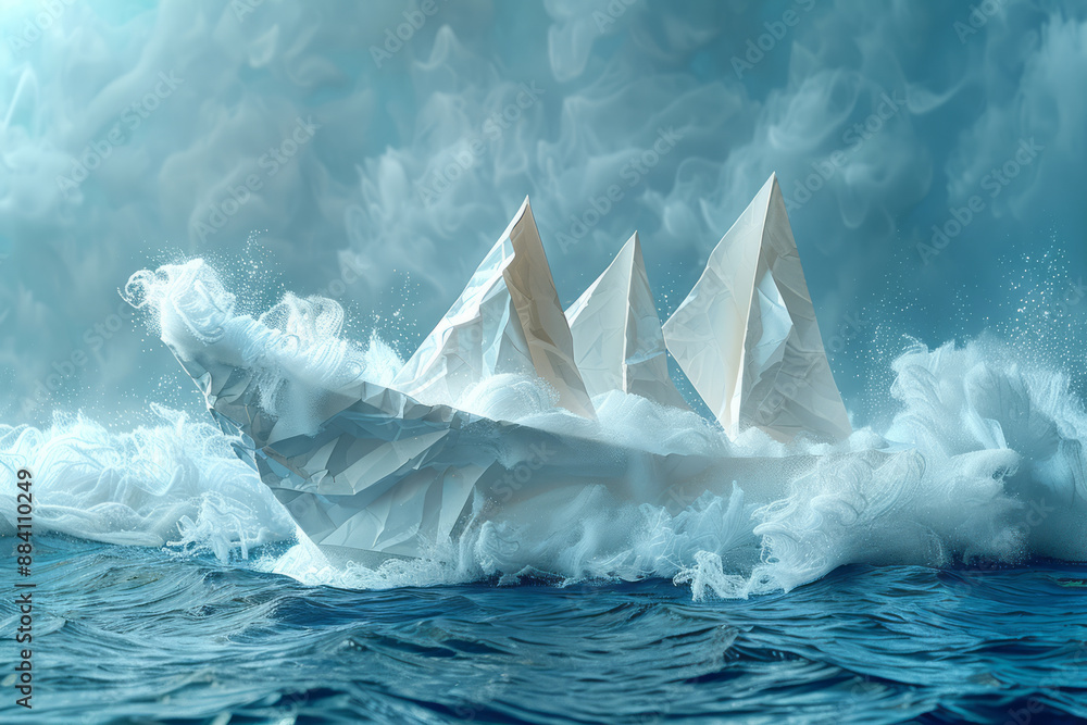 Poster animation of a paper boat moving through a textured paper background, with the texture disintegratin