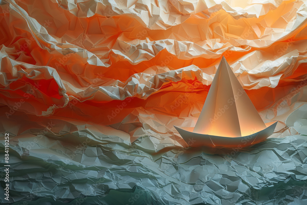 Poster animation of a paper boat moving through a textured paper background, with the texture disintegratin