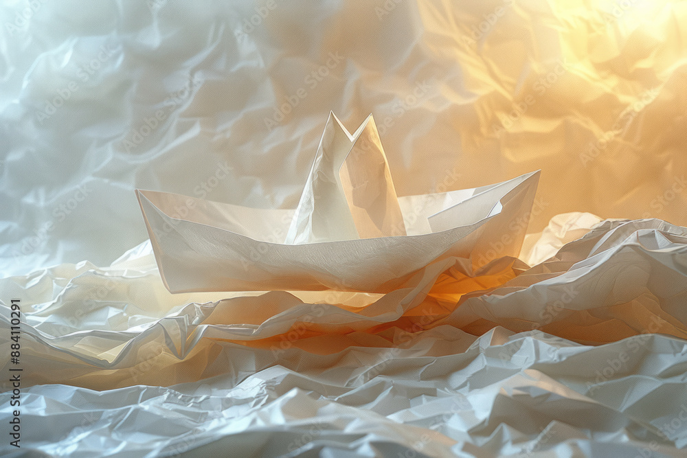 Poster animation of a paper boat moving through a textured paper background, with the texture disintegratin