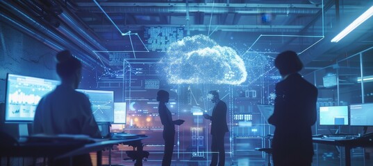 In an ultramodern office bathed in ambient light, three masters of their craft are intensely focused on their computers. Above their heads, a massive digital cloud hovers, surrounded by shimmering hol