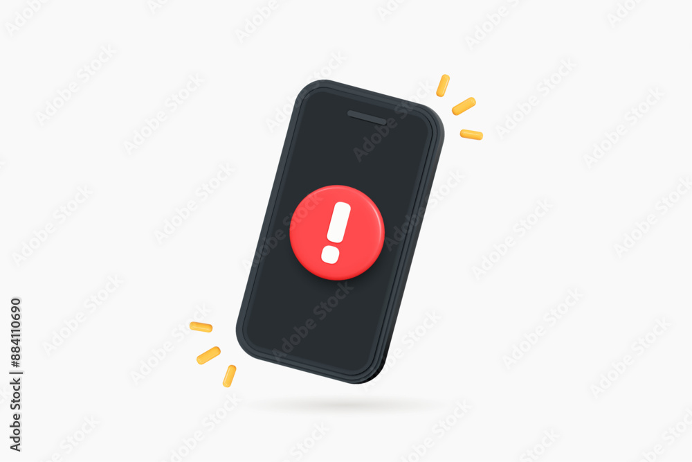 Poster 3d phone with red exclamation mark. smartphone with important notification. spam in email. mobile er