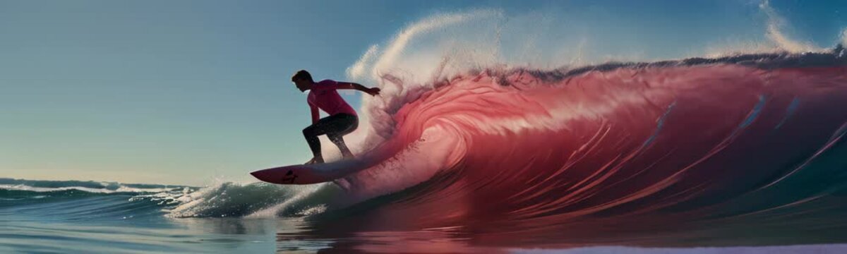 Animation Dynamic digital illustration of surfer catching colorful wave, full of energy, capturing essence of surfing, summer tourist sport