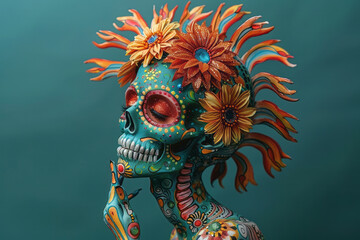 Fototapeta premium A Brazilian carnival-themed skeleton with colorful patterns, set against a minimalist green backdrop,