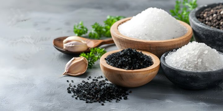 Varieties of Volcanic Lava Salt, Truffle Salt, and Kala Namak on Natural Background. Concept Gourmet Salts, Volcanic Lava Salt, Truffle Salt, Kala Namak, Natural Background