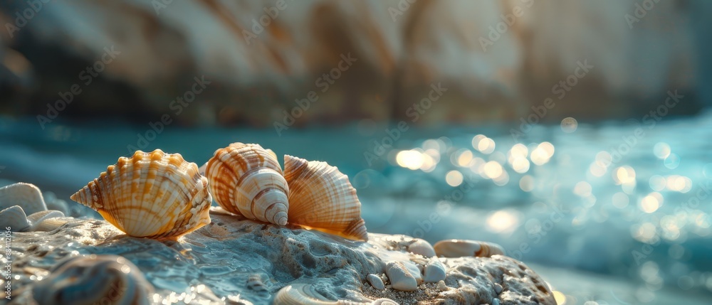 Canvas Prints  Three seashells rest atop a rock by the water's edge, with the sun shining behind them