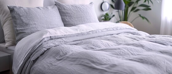  A bed with a white comforter, two pillows, and a potted plant by its side