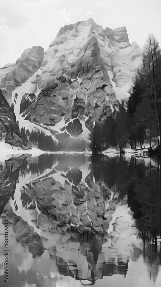 Poster a distorted reflection of a mountain in a lake blurring the lines between reality and abstraction. b