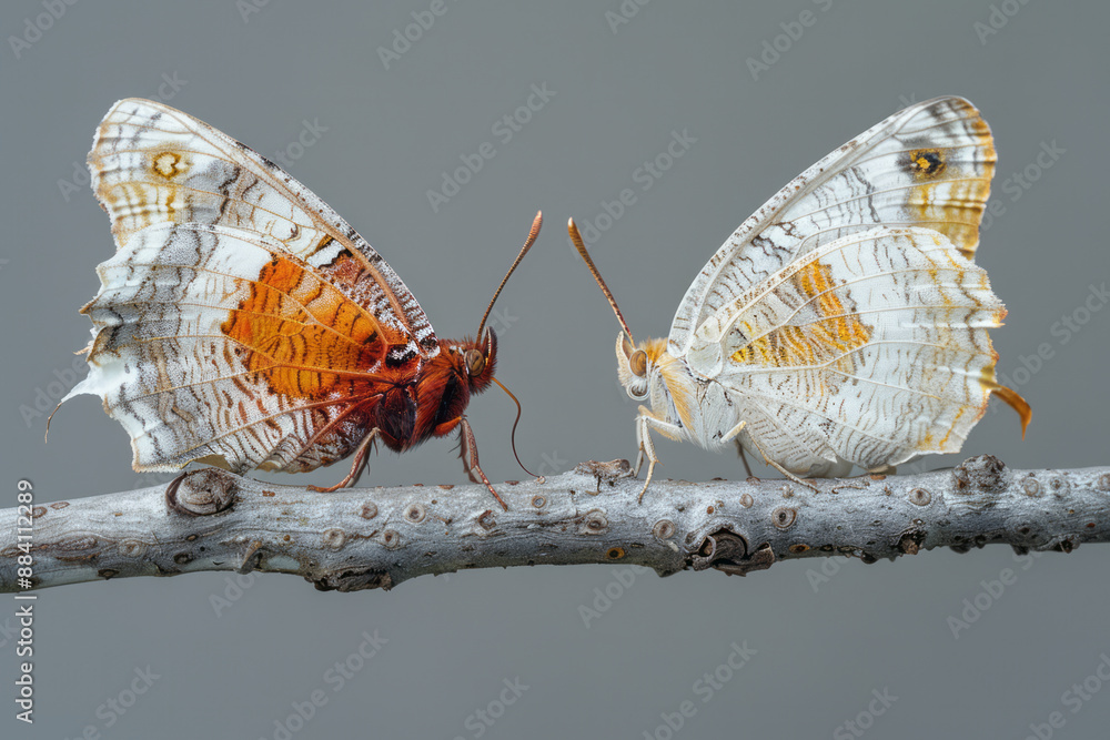 Poster a caterpillar crawling on a simple twig next to a butterfly resting on the same twig, set against a 