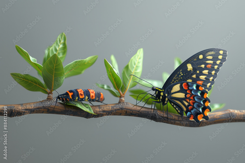 Poster a caterpillar crawling on a simple twig next to a butterfly resting on the same twig, set against a 